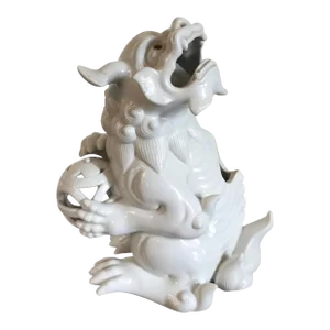Antique 19th Century Japanese Edo Period Blanc De Chine Hirado Porcelain Koro Incense Burner Form of a Kylin Tiger Foo Dog Mythical Beast Dragon