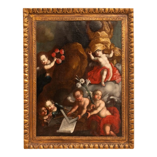 Austrian Old Master Baroque Oil Canvas Painting Architecture Allegory Cherubs Franz Xaver Karl Palko 1750 For Sale