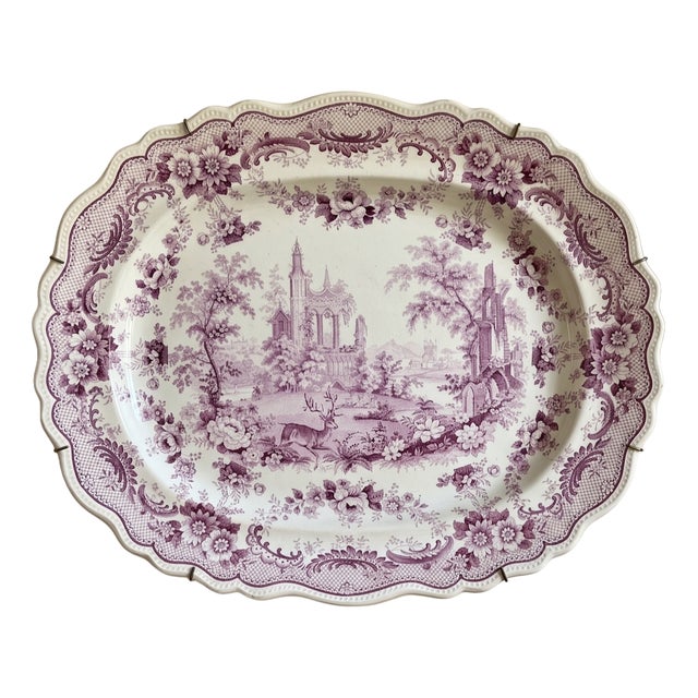Large Antique English Mulberry Transferware Wall Platter by Thomas Fell & Co., 1840 For Sale