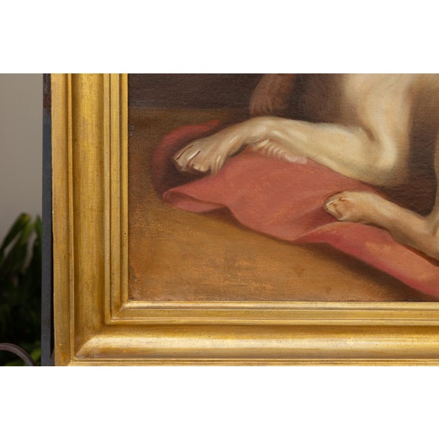 Red American 1890s Framed Oil on Board Painting Depicting a Dog Lying on a Red Drape For Sale - Image 8 of 12