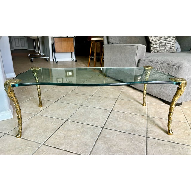 Mid Century p.e. Guerin Style Brass & Glass Coffee Table With Frond Legs For Sale In Palm Springs - Image 6 of 16