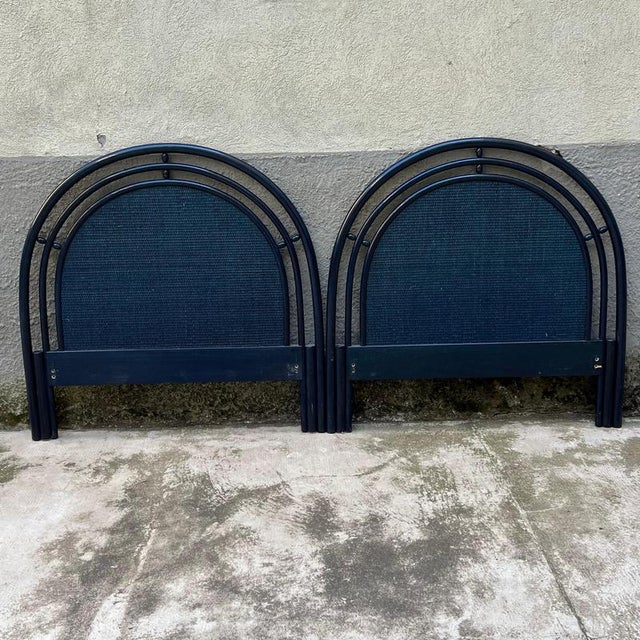Pair of elegant headboards for single beds, made of wood and rattan with a refined deep blue finish. These headboards,...