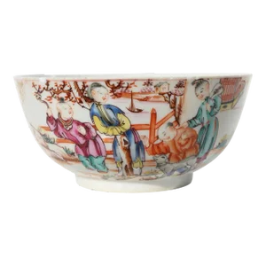 18th Century Qianlong Porcelain Bowl Depicting People Playing With a Dog