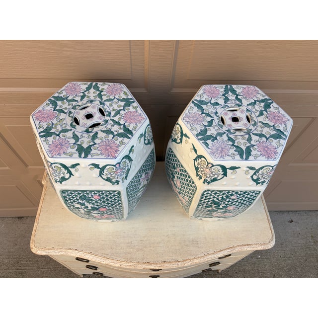 Chinoiserie Floral Green and Pink Porcelain Garden Stools or Side Tables, Pair For Sale In South Bend - Image 6 of 10