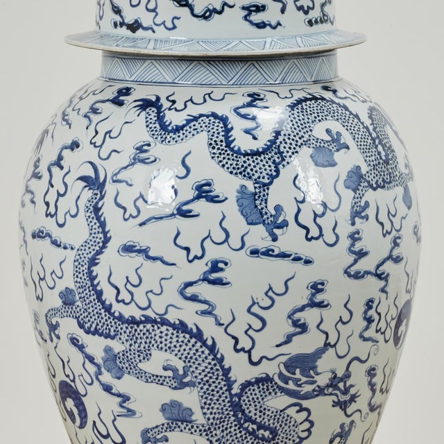 Pair of Chinese Blue and White Porcelain Dragon Palace Urns For Sale - Image 4 of 13