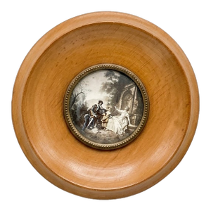 Vintage Spanish Pastoral Wall Plaque, Small Wood Framed Medallion With Metal Inset, 4.875" Round