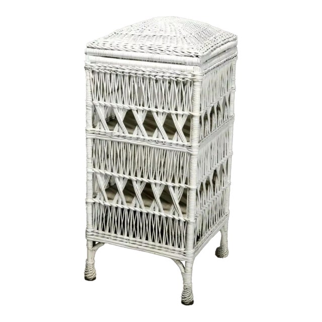 Mid 20th Century Vintage White Painted Wicker Lift Top Storage Cupboard Cabinet For Sale