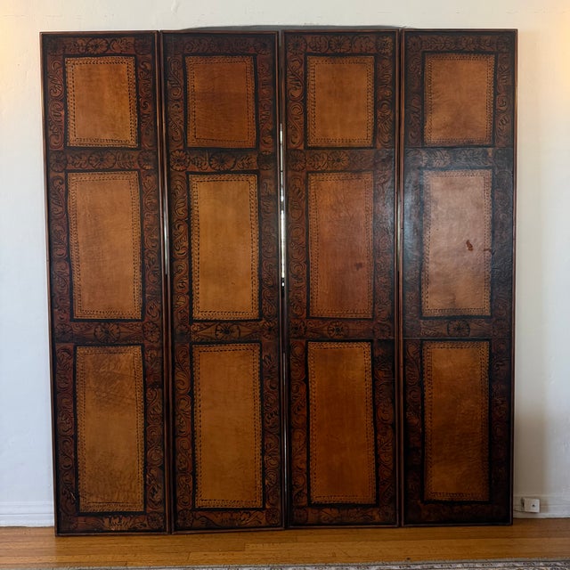 Spanish Vintage Spanish Colonial Style Tooled Leather Four-Panel Folding Screen For Sale - Image 3 of 6