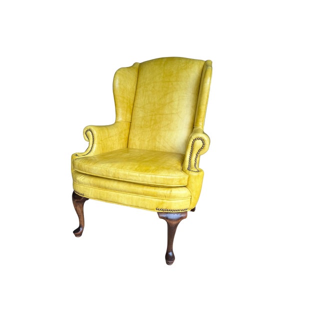 1970s Vintage Shuford Furniture Yellow Leatherette Wingback Armchair | Queen Anne Style Faux Leather Accent Chair | Traditional Hollywood Regency For Sale - Image 5 of 14