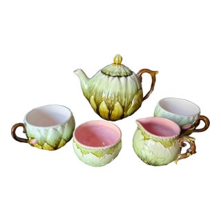 Mid 20th Century Italian Majolica Artichoke Tea Set - 5 Pieces For Sale