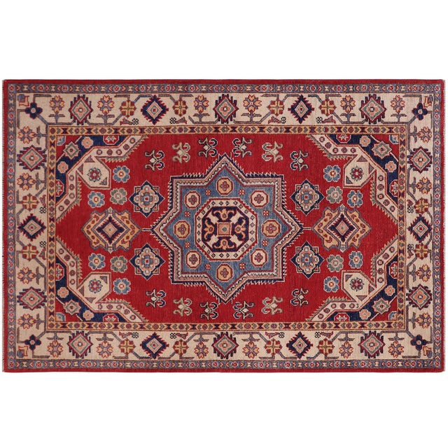 Southwestern Kazak Rustic Red/Beige Wool Rug - 4'0''x5'5'' For Sale - Image 9 of 10