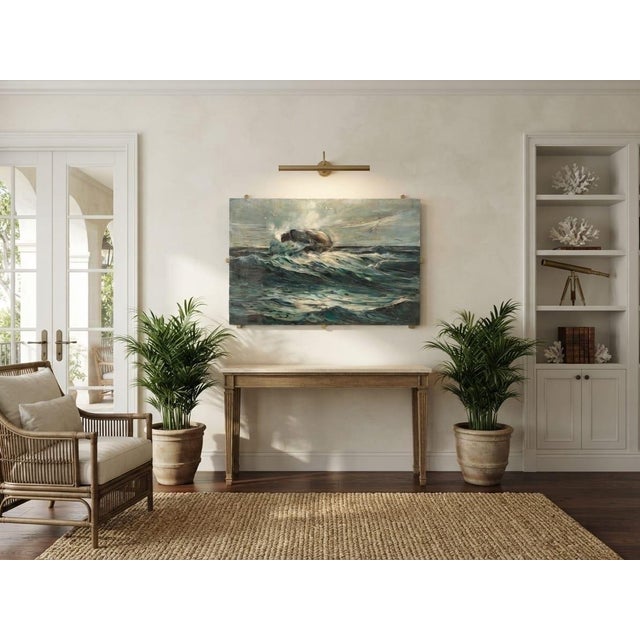 Sky Blue Painting – Mid-Century Impressionist Seascape With Crashing Waves & Seagulls (1969) For Sale - Image 8 of 12