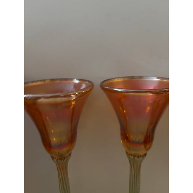 Contemporary Late 20th Century Rick Strini Iridescent Orange & Green Art Glass Tulip Goblets, Pair For Sale - Image 3 of 7