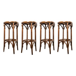 Large Vintage French Flat Seat Bentwood Bar Stool, Set of 4 For Sale