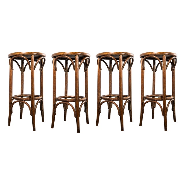 Large Vintage French Flat Seat Bentwood Bar Stool, Set of 4 For Sale