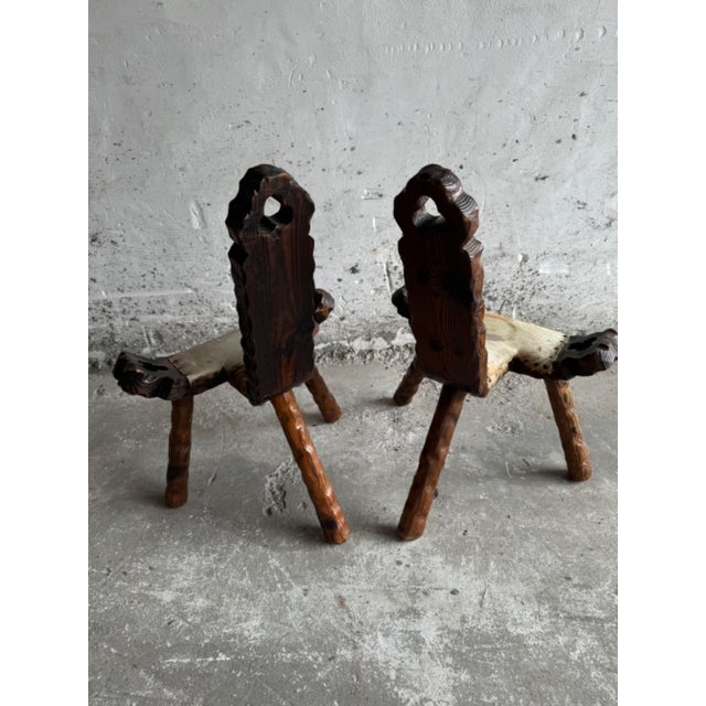 Mid-Century 3-Legged Stools with Backrest in Wood with Black-Brown Cowhide Seat, 1950s, Set of 2 For Sale - Image 10 of 11