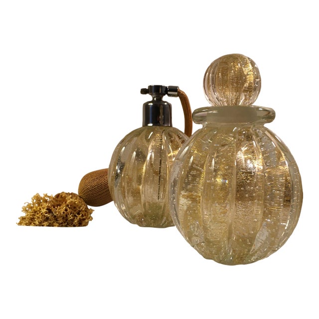 1930s Barovier Murano Glass Gold Controlled Bubbles Perfume Bottle and Matching Atomizer For Sale