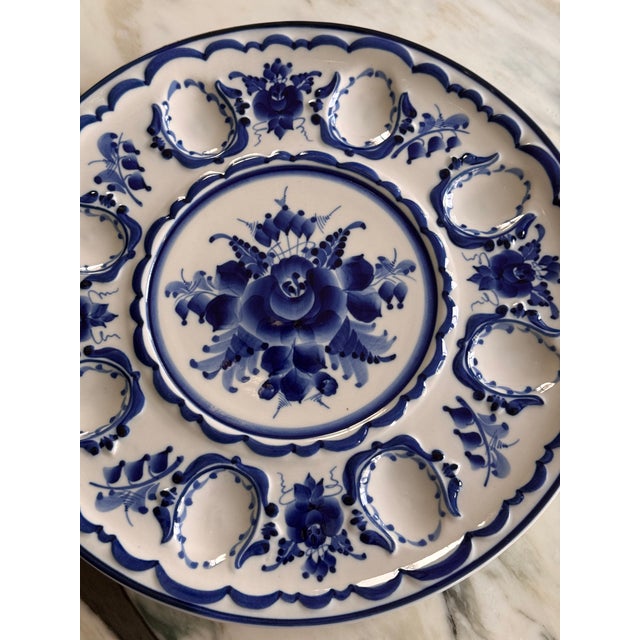 Early 21st Century Vintage Gzhel Hand Painted Oyster Plate or Egg Plate For Sale - Image 5 of 9