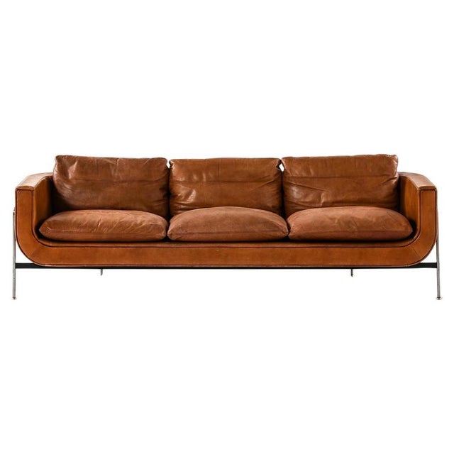 1960s Cognac-Colored Leather Sofa attributed to Jacques Brule, 1963s For Sale - Image 5 of 5