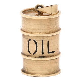 1950s Oil Barrel Charm, 14k Yellow Gold, Length 1 In For Sale