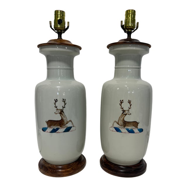 Pair of Chinese Export Armorial Porcelain Table Lamps Designed by John Rosselli For Sale