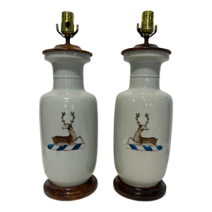 Pair of Chinese Export Armorial Porcelain Table Lamps Designed by John Rosselli