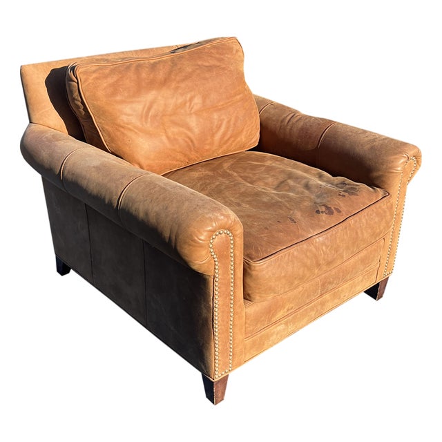 Restoration Hardware Leather Chair Modern Seating With Brass Nail Heads For Sale