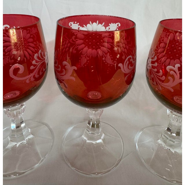 Late 19th Century Bohemian Floral Etched Cranberry Iridescent Glass Goblets, Set of 6 For Sale - Image 9 of 12
