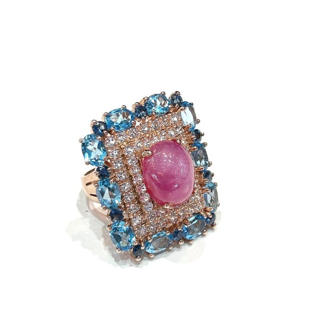 Bochic “Capri” Vintage Ruby & Diamond & Blue Topaz Ring Set In 18K Gold & Silver For Sale - Image 13 of 15