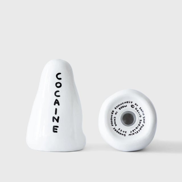 David Shrigley Heroin and Cocaine Vendor Salt & Pepper Shakers Details: White porcelain with black text Gift box with...