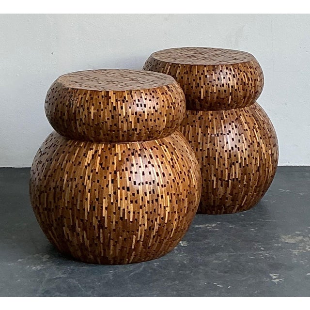 Vintage Wood Mosaic Low Stools - A Pair For Sale - Image 13 of 18