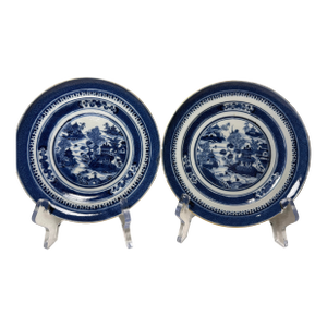 Pair 18th C. Chinese Export Nanking Blue and White Porcelain Small Plates 6"