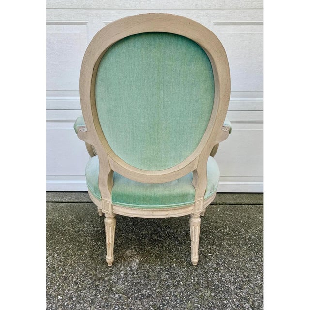 A French Country Classic | Louis XVI Fauteuil in Soft Celadon Velvet For Sale - Image 9 of 10