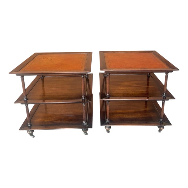 1960s Regency Mahogany Tiered Leather Top Side Tables For Sale