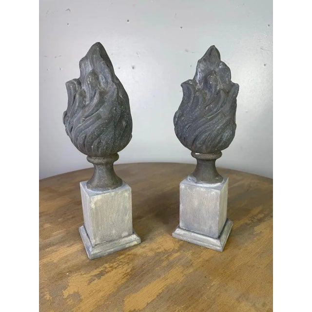 Classical Roman 19th Century Italian Zinc Flame Finials on Distressed Wood Bases For Sale - Image 3 of 7