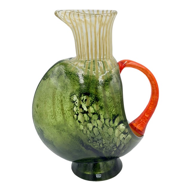Kosta Boda by Kjell Engman Signed "Corfu" Art Glass Jug Orange Handle #7080512 For Sale