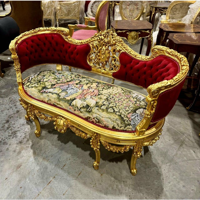French French Style Art Bench Small Settee Vintage Red Velvet Gold Details For Sale - Image 3 of 7