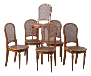 Set of 6 | French Louis XVI Style Dining Chairs With Hand Caned Seats + Backs With Fluted Legs (C. 1920)