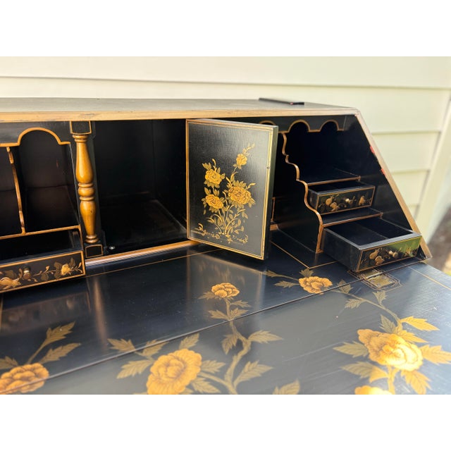 1970s Georgian Furnishing Co. Black & Gold Chinoiserie Secretary Desk For Sale - Image 5 of 10