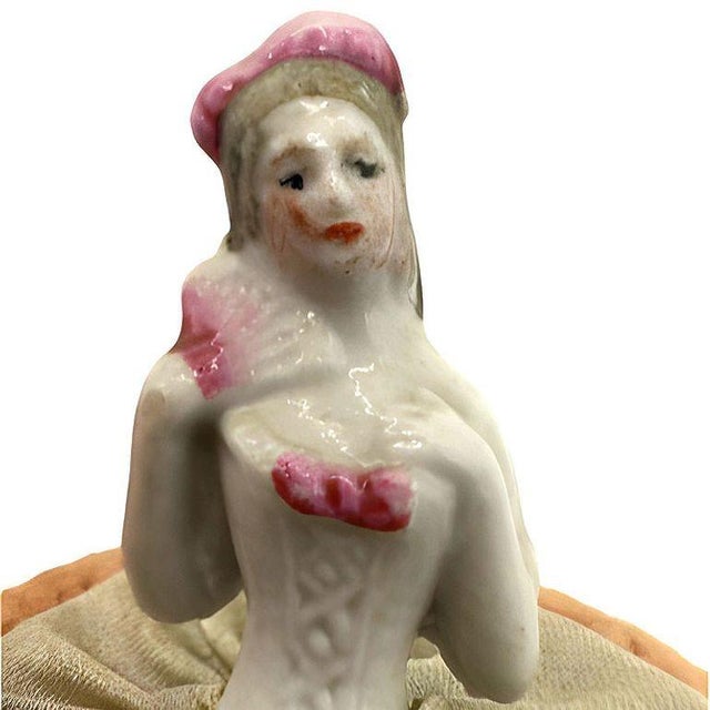 1950s Mid 20th Century German Porcelain Boudoir Doll Powder Puff Pin Cushion For Sale - Image 5 of 6