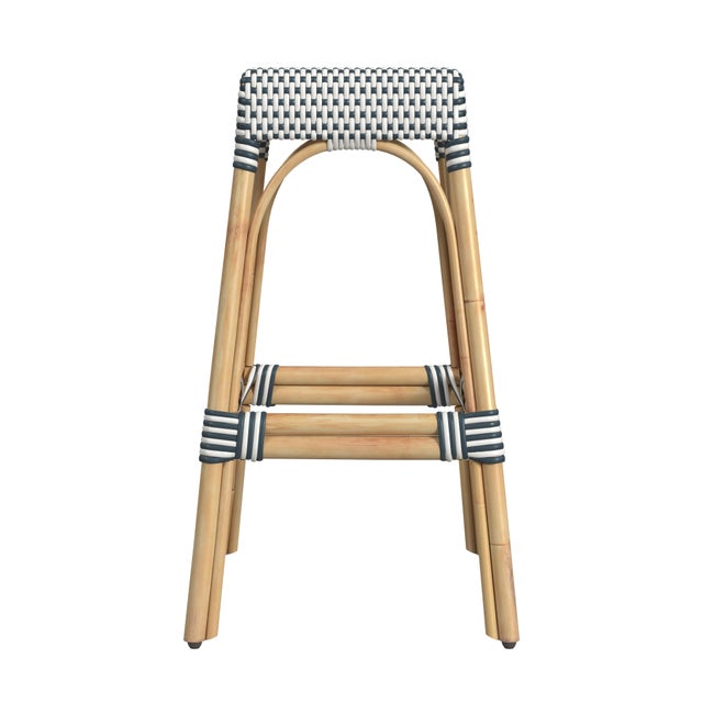 2020s Robias 30 in. Seat Height Rectangular Rattan Backless Bar Stool, White/Navy Stripe/ Natural Rattan Frame For Sale - Image 5 of 7