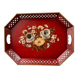 Red Hand-Painted Tole Tray With Flowers For Sale