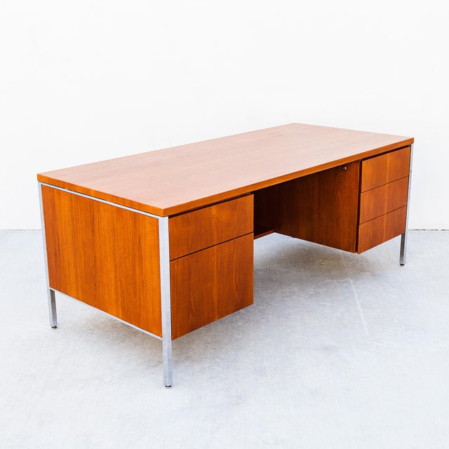 Vintage 1960s Mid Century Modern Teak & Chrome Executive Desk After Florence Knoll For Sale - Image 11 of 14
