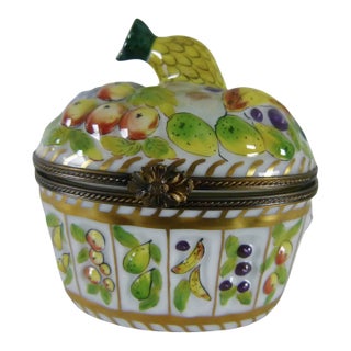 1980s Limoges France Peint Main Fruit Basket Trinket Box . Hand Painted . Pineapple Finial . Signed Cs For Sale