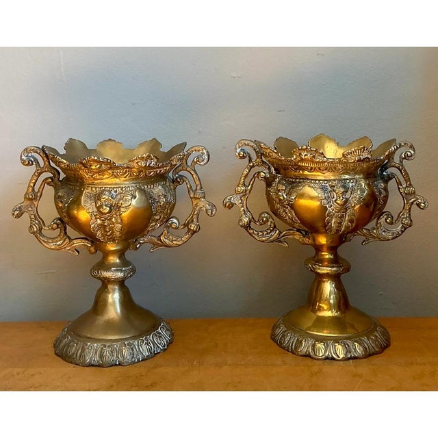 Mid 20th Century Vintage Brass Cherub Urns - A Pair For Sale - Image 5 of 12