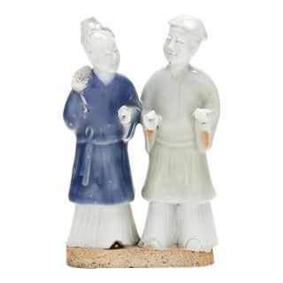 Antique 18th Century Chinese Export Porcelain Blue & White & Celadon Qianlong Double Figure of a Couple For Sale