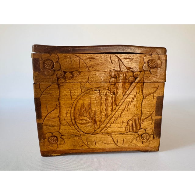 Wood Vintage Chinese Hand Carved Hardwood Jewelry Box Scenic Relief Brass Lock For Sale - Image 7 of 13