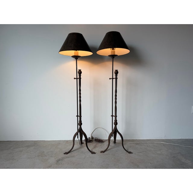 Gothic Vintage Hand-Forged Iron French Gothic & Spanish Revival Adjustable Tripod Floor Lamps – A Pair For Sale - Image 3 of 13