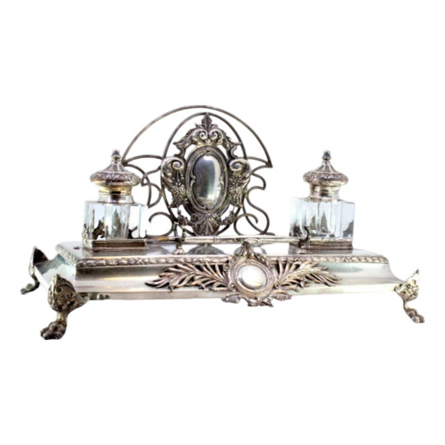 Relief Silver and Glass Inkwell with Monogram Cards, Frieze and Claw-Shaped Feet with Wooden Base For Sale
