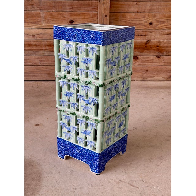 Celadon Large Pierced Celadon Faux Bamboo Ceramic Umbrella Stand or Jardinière For Sale - Image 8 of 12
